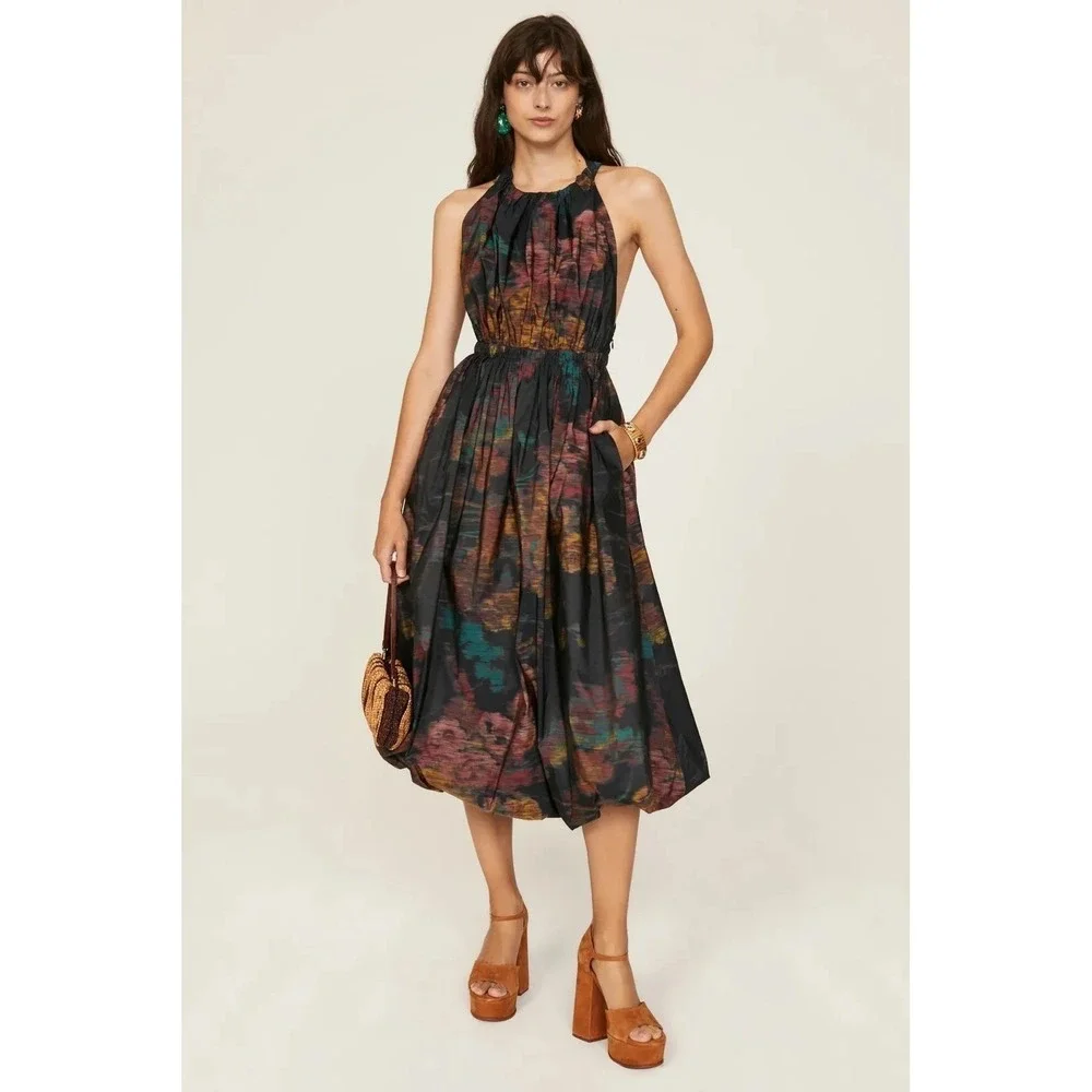 Ulla Johnson Leyna Gathered Printed Taffeta Midi Dress Floral Open Back Size 2 - Picture 3 of 15